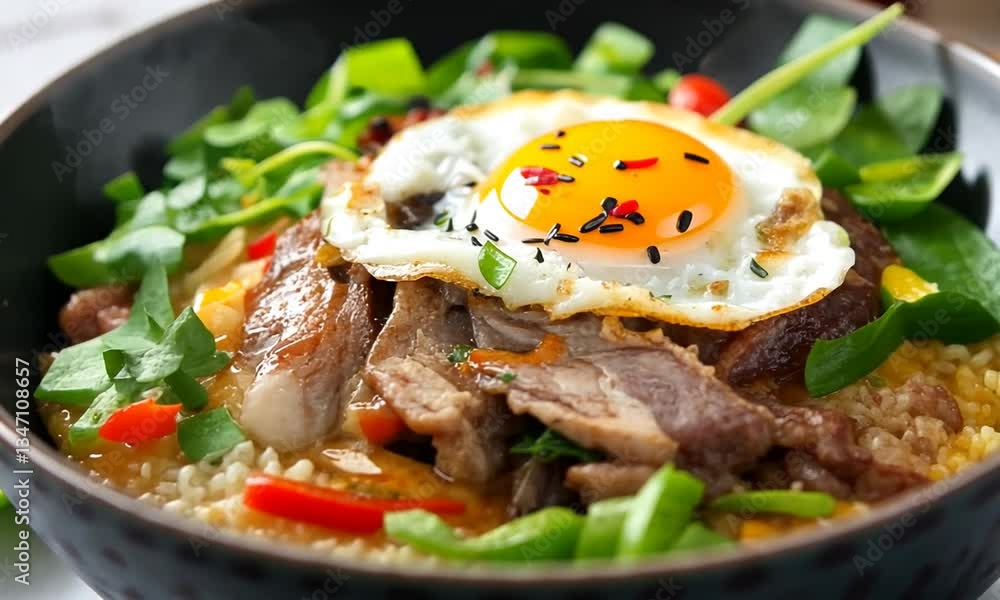 A vibrant bowl of rice topped with tender beef, a sunny-side-up egg, and fresh greens A vibrant bowl of rice topped with tender beef, a sunny-side-up egg, and fresh greens