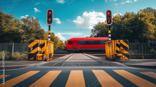 Obraz na płótnie A railway crossing with a red train passing by and barriers lowered w salonie