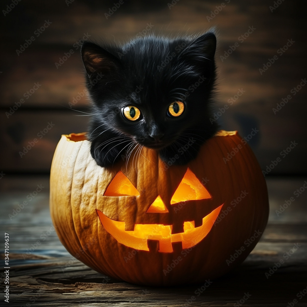 Adorable black kitten peeking out from a carved, glowing pumpkin resting on a rustic wooden surface, creating an enchanting and festive halloween scene filled with charm Adorable black kitten peeking out from a carved, glowing pumpkin resting on a rustic wooden surface, creating an enchanting and festive halloween scene filled with charm