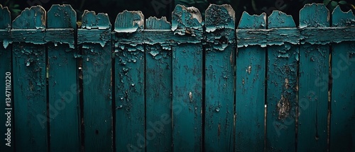 Peeling paint on old blue fence shows texture against dark background