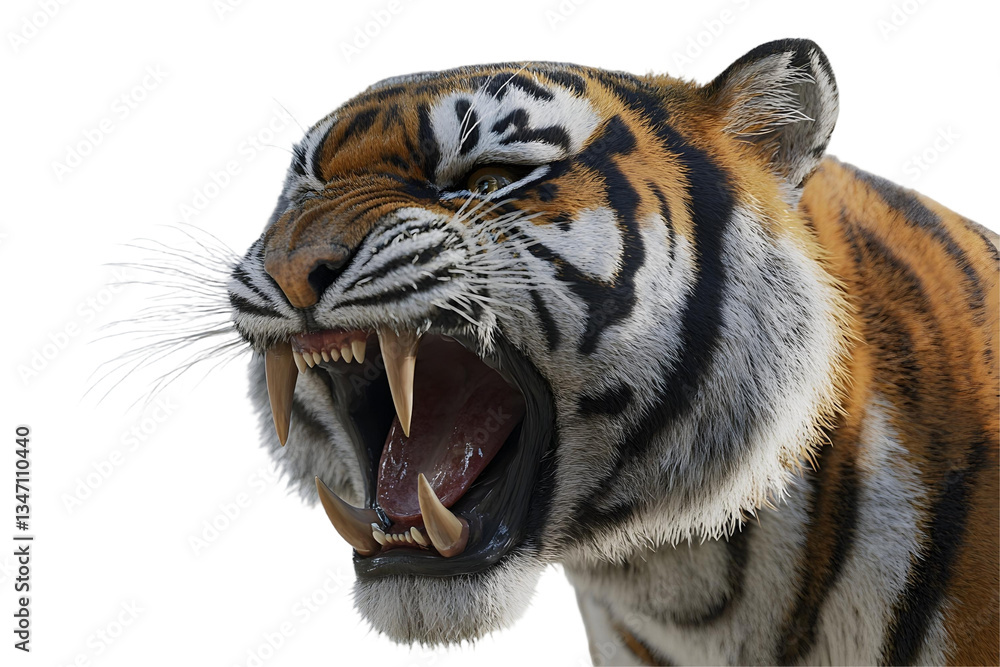 Obraz premium Close-up of a roaring tiger with fierce expression and detailed fur texture