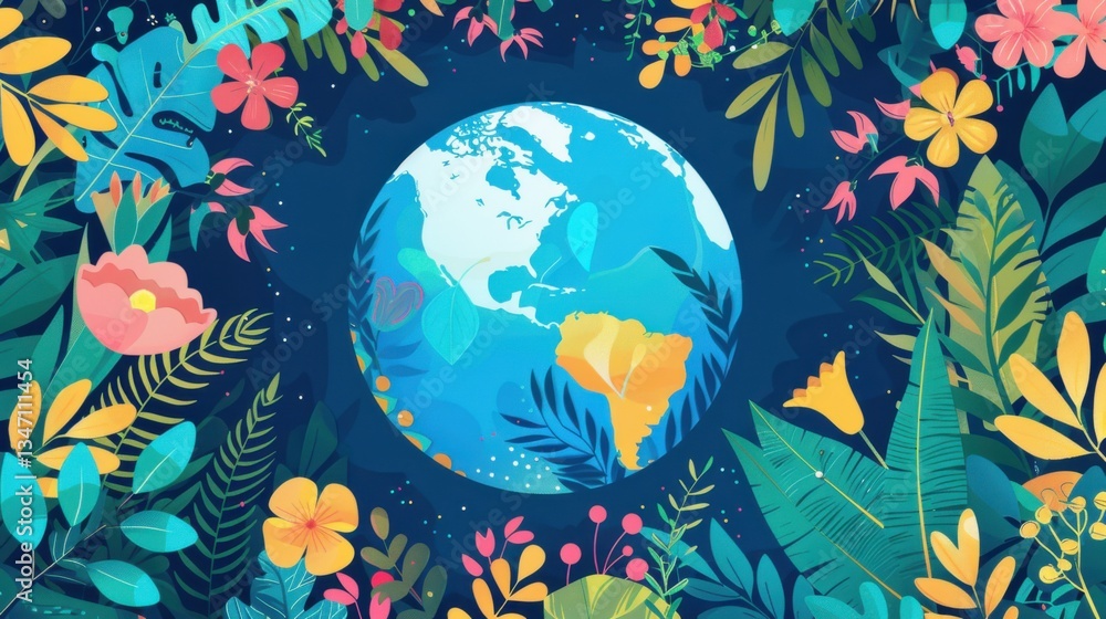 Fototapeta premium Earth day World Environment Day A vibrant Earth illustration encircled by plants, trees, and flowers to represent biodiversity.