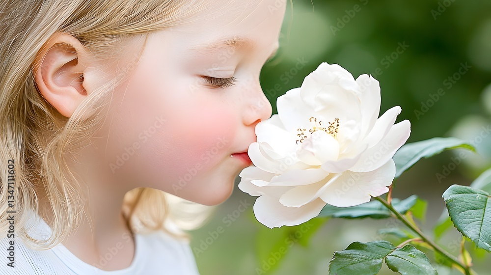 Innocence and Fragrance: A tender moment of a young girl smelling a pristine white flower, her eyes gently closed in bliss, capturing the delicate beauty of nature. Innocence and Fragrance: A tender moment of a young girl smelling a pristine white flower, her eyes gently closed in bliss, capturing the delicate beauty of nature.