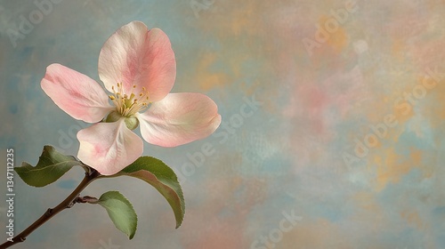 Pink flower blossoming on branch, left, against a soft pastel watercolor backdrop