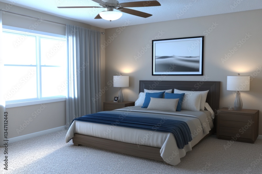 A modern bedroom with a bed and window is displayed A modern bedroom with a bed and window is displayed