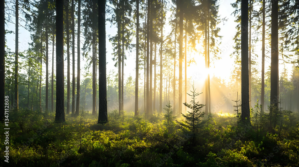 Obraz premium Sunrise In Coniferous Forest