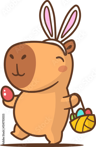 Chubby capybara with a happy expression, wearing bunny ears while carrying a basket of colorful Easter eggs and holding one in its paw, capturing the fun and playful spirit of an Easter egg hunt.