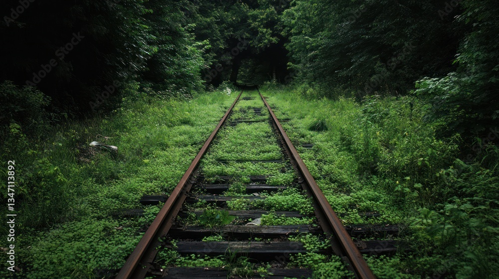 Fototapeta premium Dense vegetation envelops old railway tracks showcasing natures slow takeover
