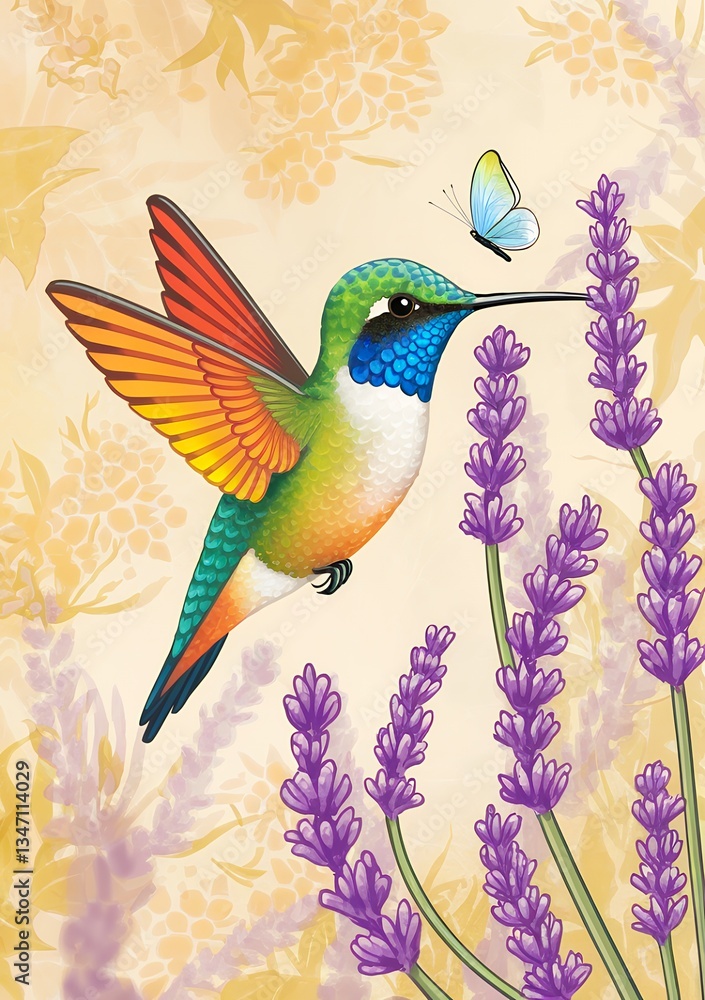 Obraz premium Iridescent Hummingbird and Butterfly Amidst Lavender Blooms