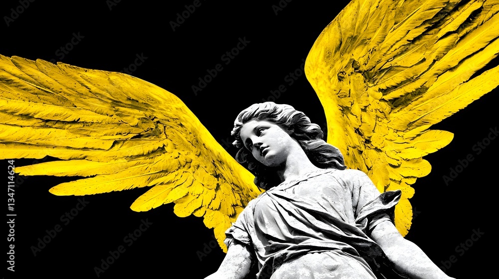 Fototapeta premium Ethereal Angel Statue with Majestic Yellow Wings Against a Black Background