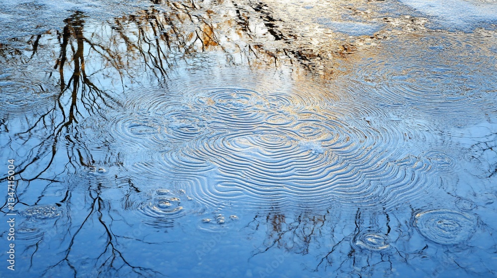 Raindrops creating ripples reflecting trees in puddle on pavement, sky background Raindrops creating ripples reflecting trees in puddle on pavement, sky background