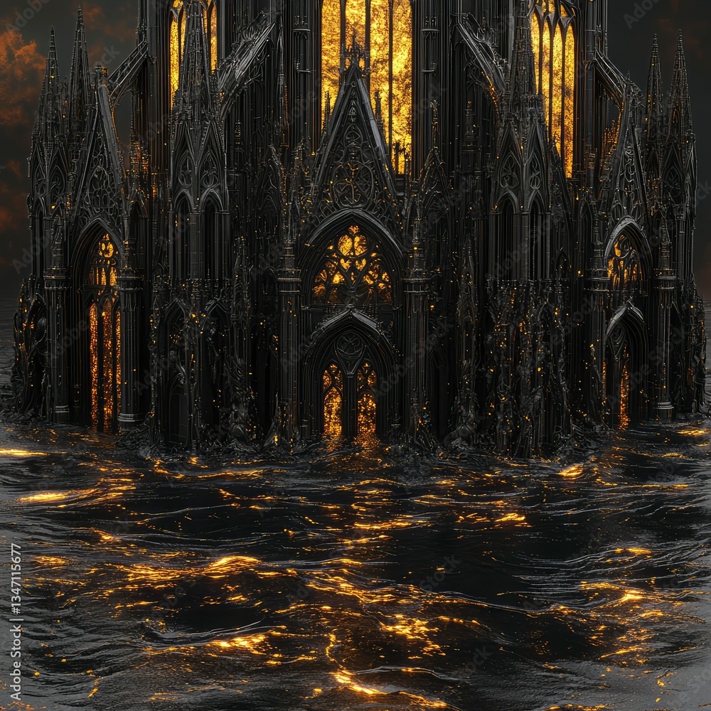 Fototapeta premium Gothic Cathedral Submerged in Golden Water - Digital Fantasy Architecture
