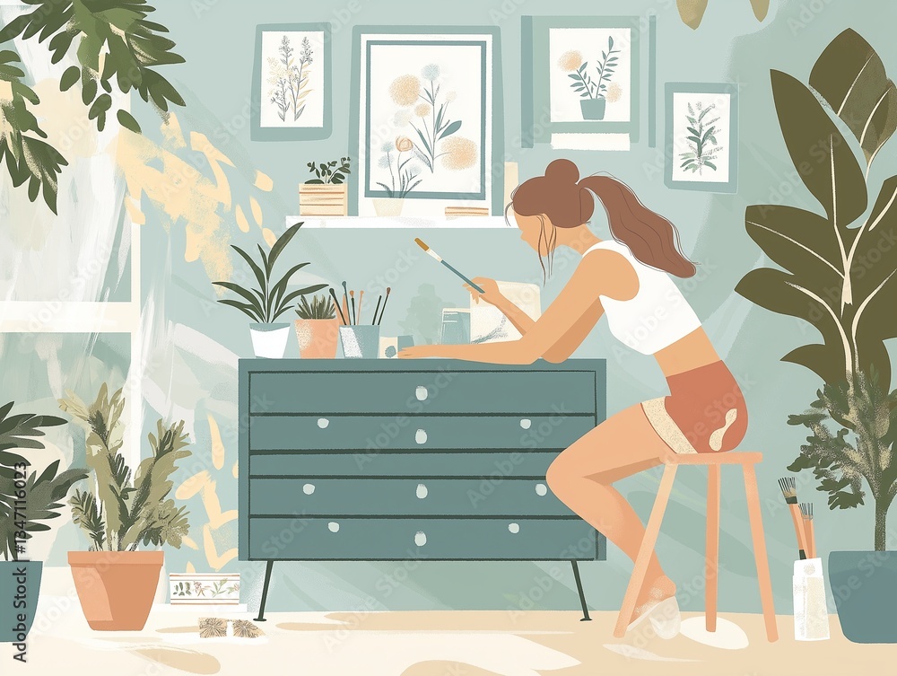 Woman Painting in a Calm, Botanical-Inspired Art Studio