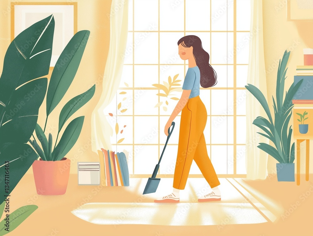 Woman Cleaning a Bright, Cozy Home with Plants