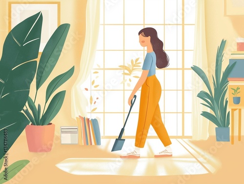 Obraz na płótnie Woman Cleaning a Bright, Cozy Home with Plants w salonie