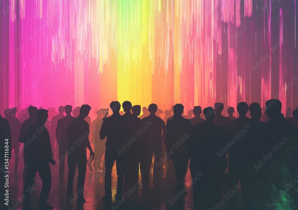 Silhouetted crowd in vibrant, abstract light show venue Silhouetted crowd in vibrant, abstract light show venue