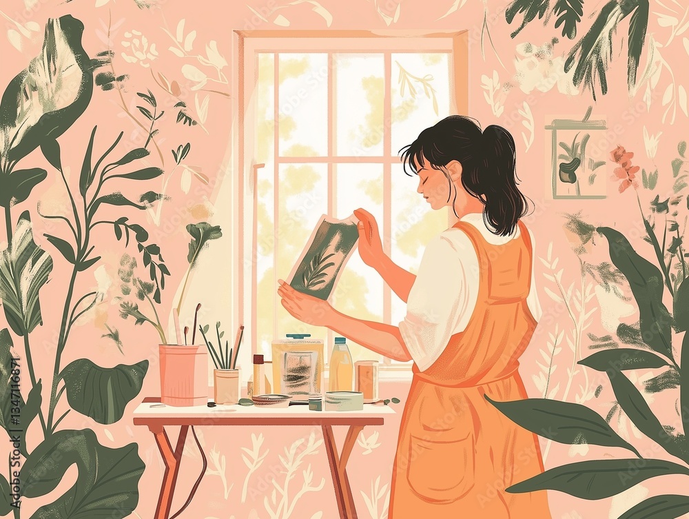 Woman Creating Botanical Art in a Cozy Sunlit Studio