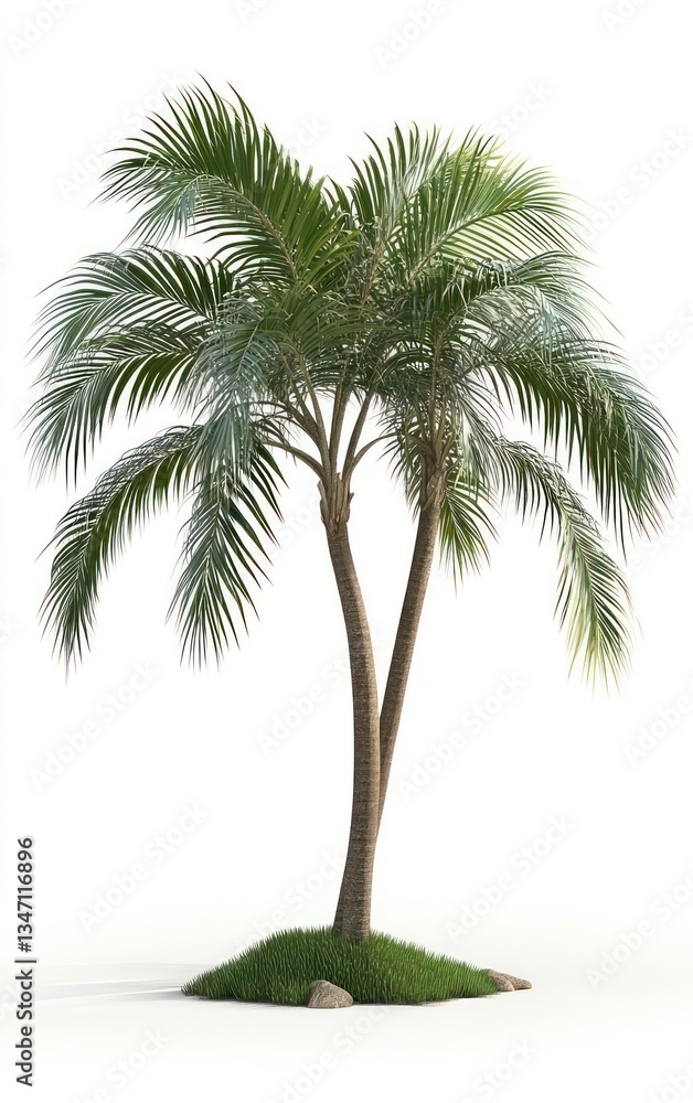 Obraz premium Isolated Palm Tree on a Small Grassy Mound Against White Background