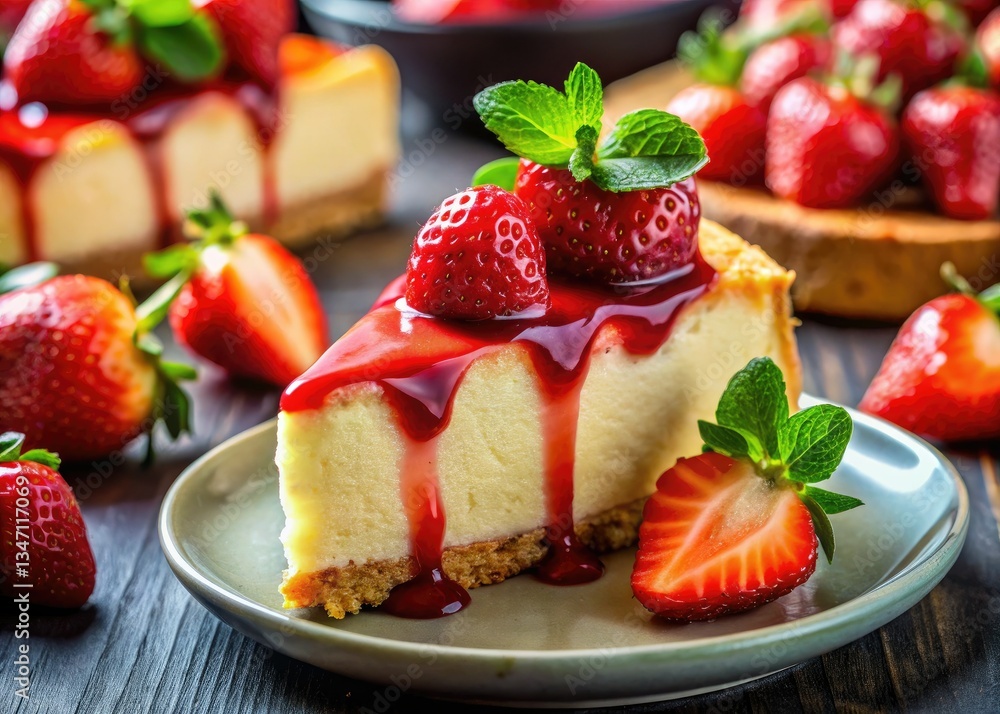 Indulge in a panoramic view of luxurious New York cheesecake, adorned with fresh strawberries and a luscious sauce. Indulge in a panoramic view of luxurious New York cheesecake, adorned with fresh strawberries and a luscious sauce.
