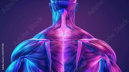 A vibrant neon colored anatomical rendering of upper body muscles on a dark background.