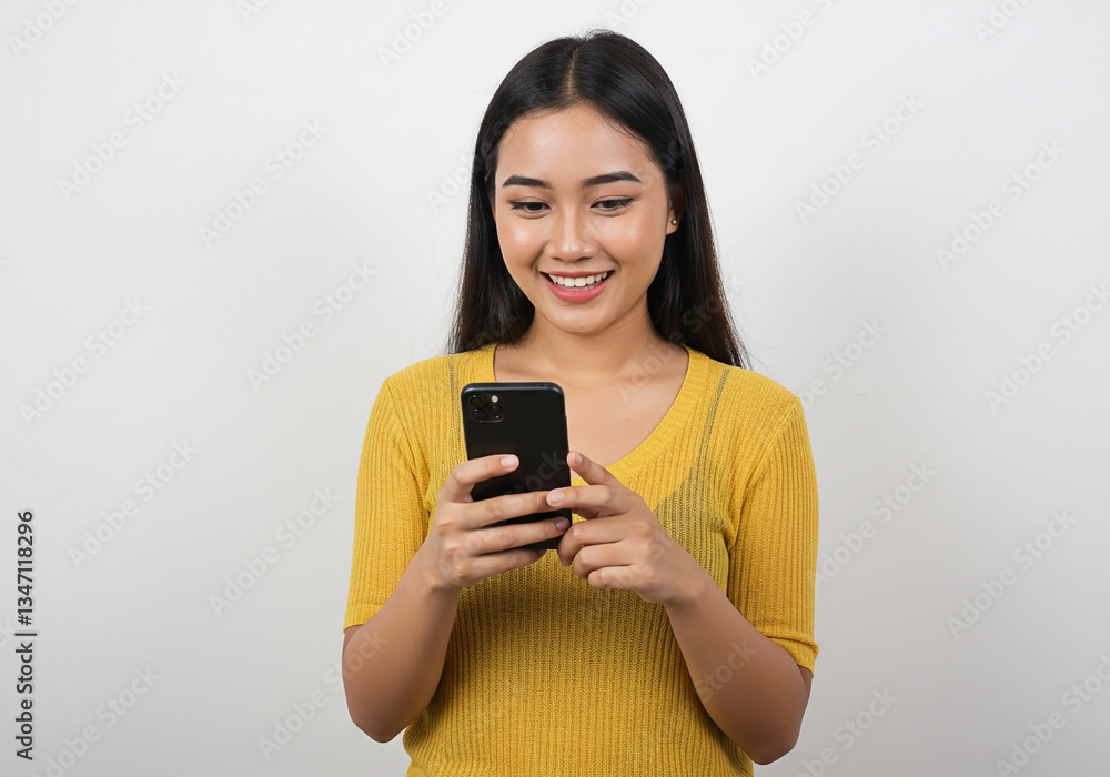 A studio portrait of a young beautiful Indonesian Asian woman in a casual yellow shirt looks happy while typing on her phone. isolated on white background A studio portrait of a young beautiful Indonesian Asian woman in a casual yellow shirt looks happy while typing on her phone. isolated on white background
