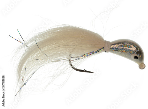 A white and silver colored hairy fishing jig with a black eye on a transparent background
