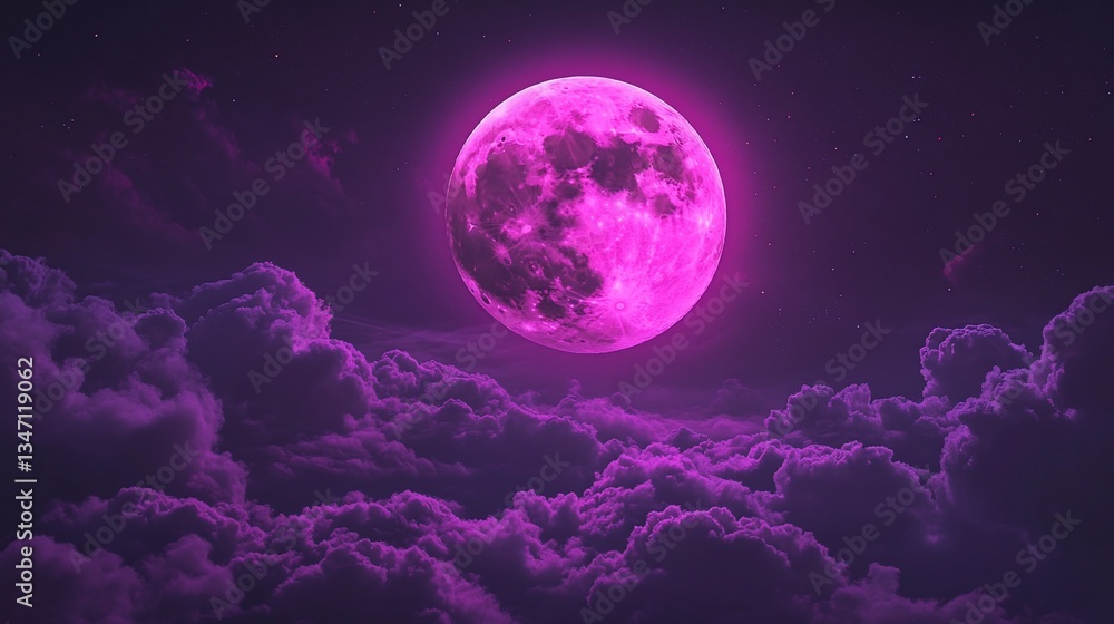 Obraz premium Pink moon rising over purple clouds, night sky, cosmic, fantasy art