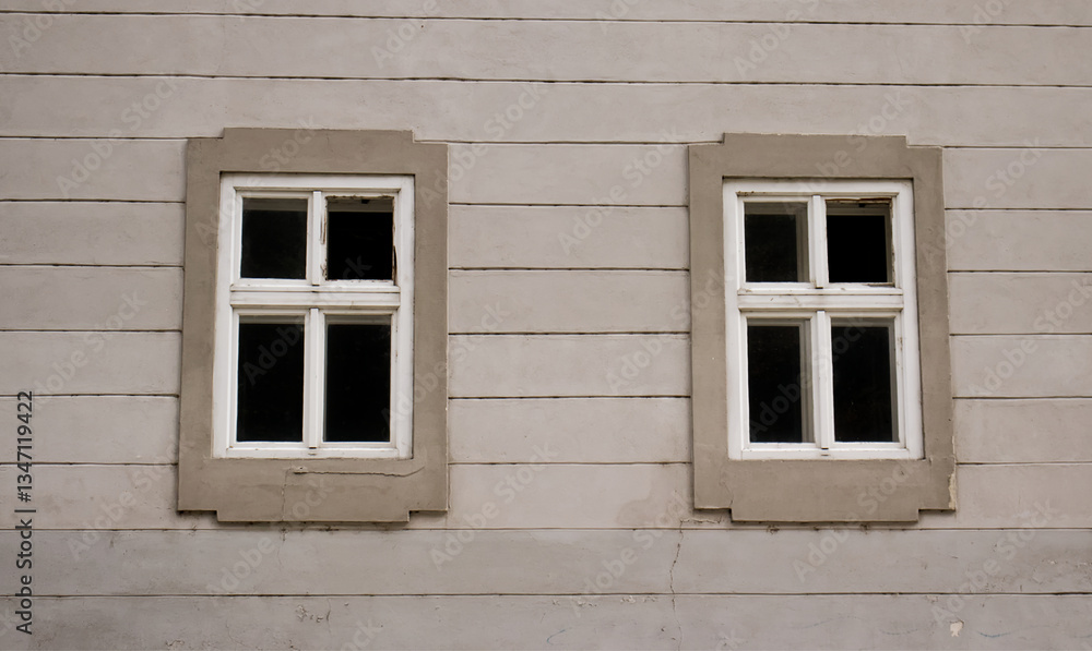 Fototapeta premium Wall of a building with a decorative facade. Two white wooden windows on a building with a decorative facade in the historic part of the city. Minimalist photo of two wooden windows.