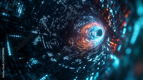 An abstract background featuring a vortex of alphanumeric code and holographic data particles