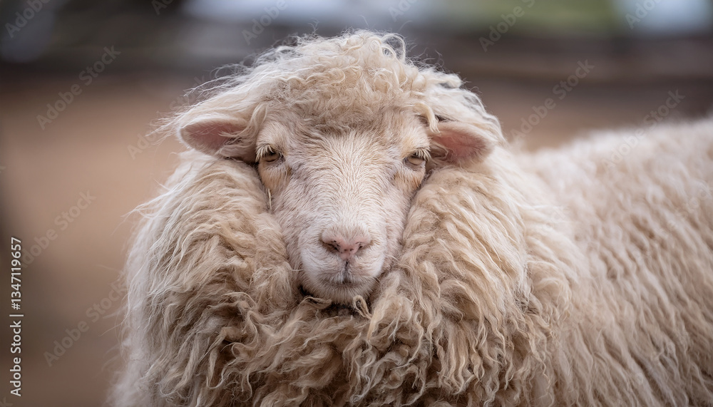 Fluffy sheep with thick wool. Domestic animal. Fluffy sheep with thick wool. Domestic animal.