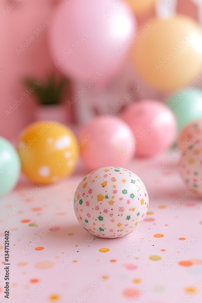 A pastel colored still life with scattered shapes and various colorful balls A pastel colored still life with scattered shapes and various colorful balls