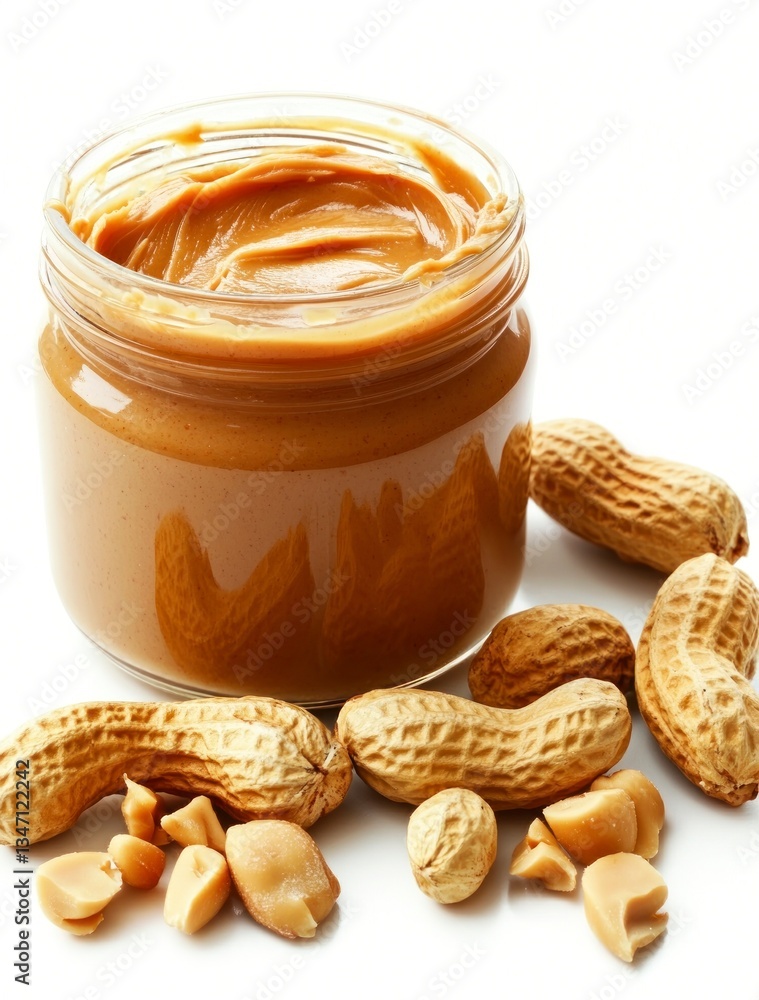 Peanut Butter in Jar with Shelled Peanuts Isolated on White Peanut Butter in Jar with Shelled Peanuts Isolated on White