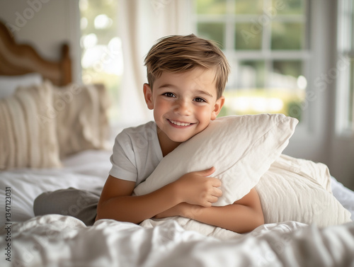 Wallpaper Mural little boy smiling while hugging pillow, sitting on cozy bed. warm atmosphere and soft lighting create joyful and comforting scene Torontodigital.ca