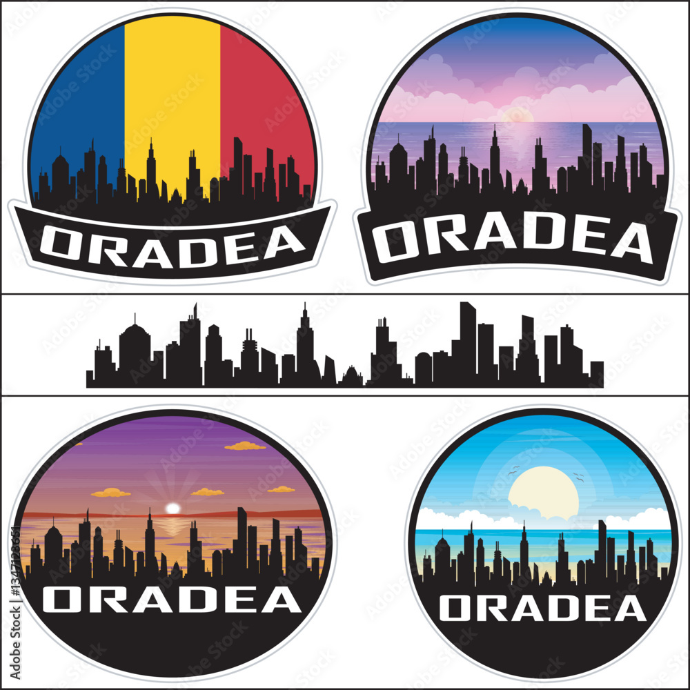 Fototapeta premium Oradea Romania Flag Skyline Cityscape Silhouette Travel Souvenir Sticker Isolated Vector