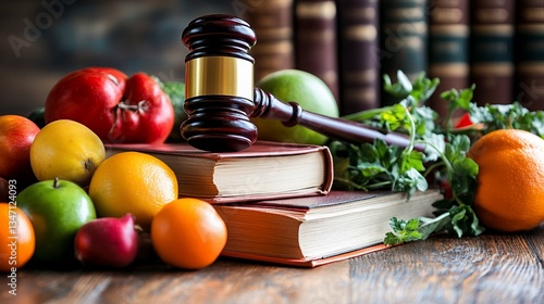 Gavel, produce, law books, justice, food regulation
