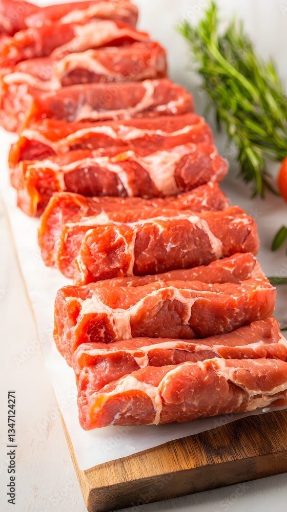 A close-up shot reveals a meticulously arranged row of fresh, raw meat rolls, prepared for cooking, ready to be seasoned and grilled, displaying rich marbling and vibrant red hues A close-up shot reveals a meticulously arranged row of fresh, raw meat rolls, prepared for cooking, ready to be seasoned and grilled, displaying rich marbling and vibrant red hues