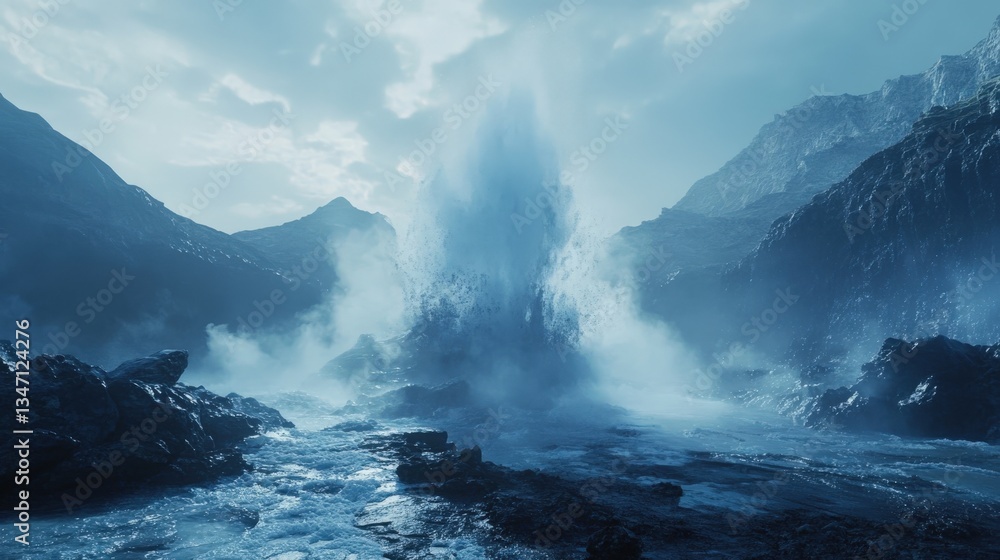 Obraz premium A large geyser erupts powerfully surrounded by rocky mountains and water