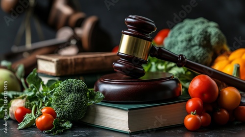 Gavel, books, produce, courtroom, law, food safety