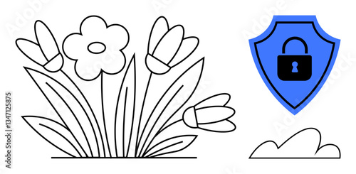 Blooming flowers with a blue shield featuring a lock represent safety and care. Ideal for nature, protection, cybersecurity, sustainability, eco-friendly concepts, balance, and growth. Flat simple