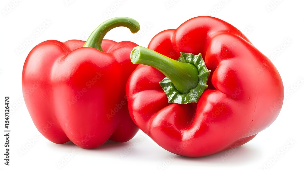 Fresh Red Bell Peppers with Green Stems on White Background for Culinary Use Fresh Red Bell Peppers with Green Stems on White Background for Culinary Use