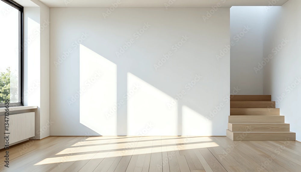 Fototapeta premium Bright empty room with hardwood floors and modern staircase - minimalist spacious design