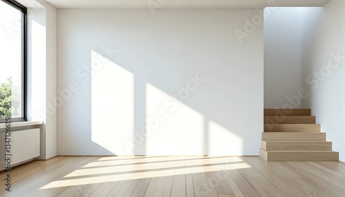 Bright empty room with hardwood floors and modern staircase - minimalist spacious design