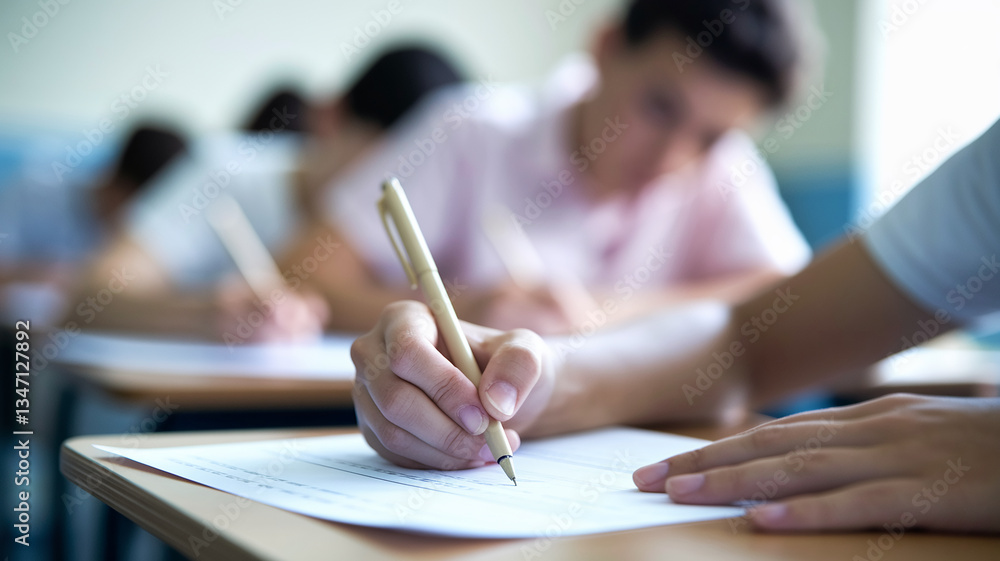 Close-up of hand writing with pen on paper, blurred students background, illustrating education, exam, learning or test concept Close-up of hand writing with pen on paper, blurred students background, illustrating education, exam, learning or test concept