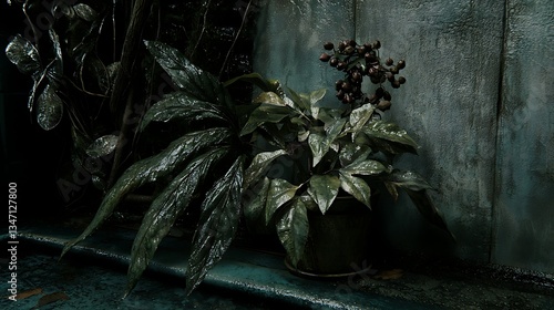 Lush Green Plant Against Dark Textured Wall with Glimmering Leaves