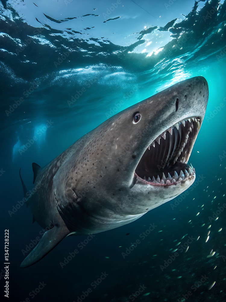 Naklejka premium Wide angle view of a rare megamouth shark swimming in the ocean depths.