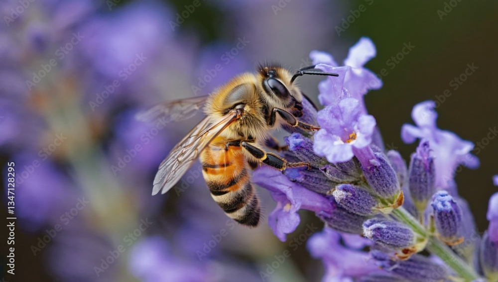 Ultra detailed macro shot of a honeybee on lavender flower collecting pollen Ultra detailed macro shot of a honeybee on lavender flower collecting pollen