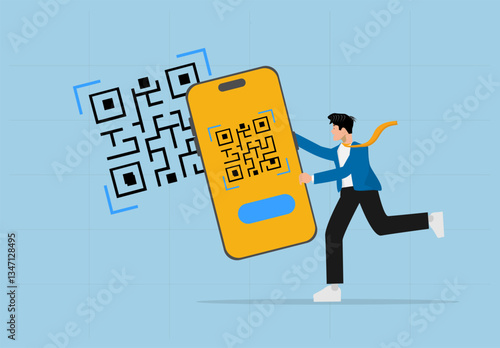 Businessman Running with a Smartphone Towards a Giant QR Code, Representing Digital Payment, Cashless Transactions, and the Future of Financial Technology.