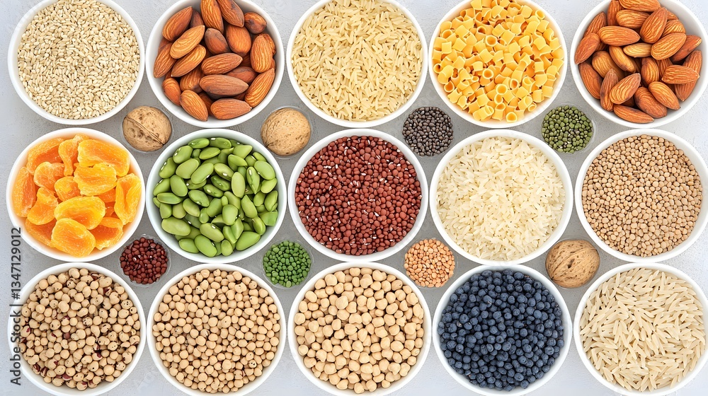 Variety of Grains, Nuts, and Seeds Arranged in Bowls on a Gray Kitchen Countertop Variety of Grains, Nuts, and Seeds Arranged in Bowls on a Gray Kitchen Countertop
