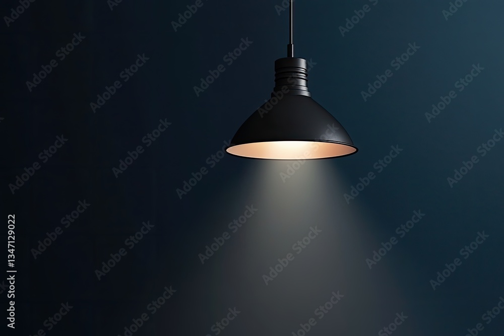 Dark room, spotlight, pendant lamp. Warm light illuminates the space Dark room, spotlight, pendant lamp. Warm light illuminates the space