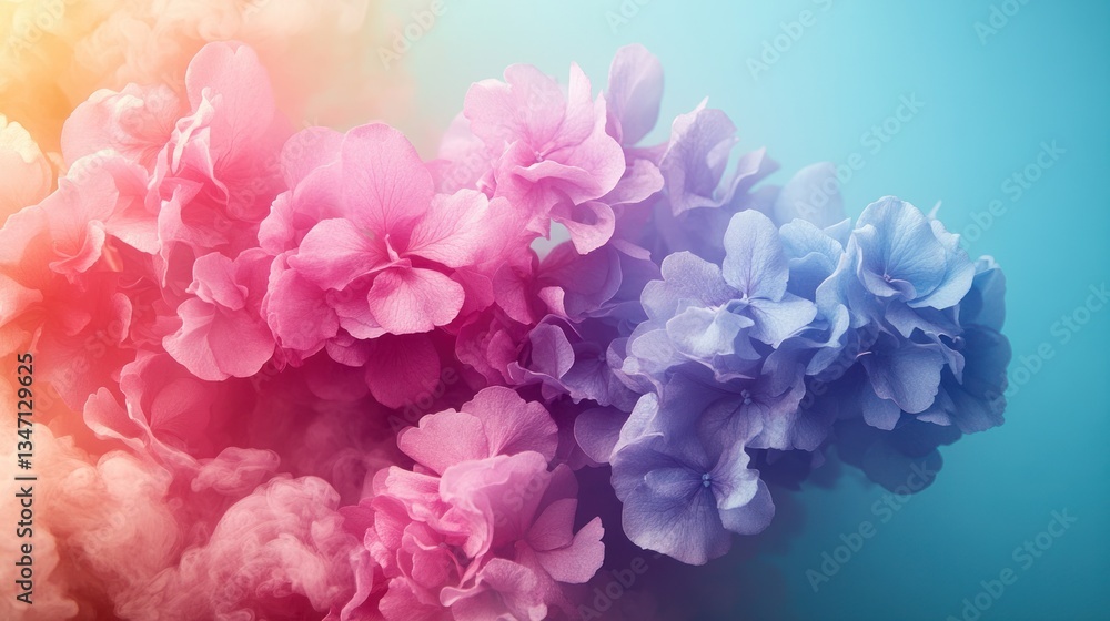 Fototapeta premium Colorful hydrangea flowers in vibrant smoke.